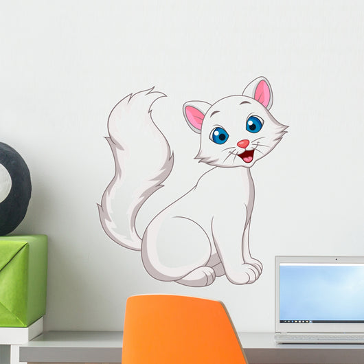 Cute White Cat Sitting Wall Decal – Wallmonkeys